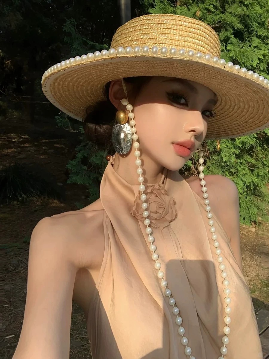 새로운 여름 패션 진주 체인 밀짚모자 여성용 비치 와이 - Cowboy Hat Straw 리뷰 및 가격